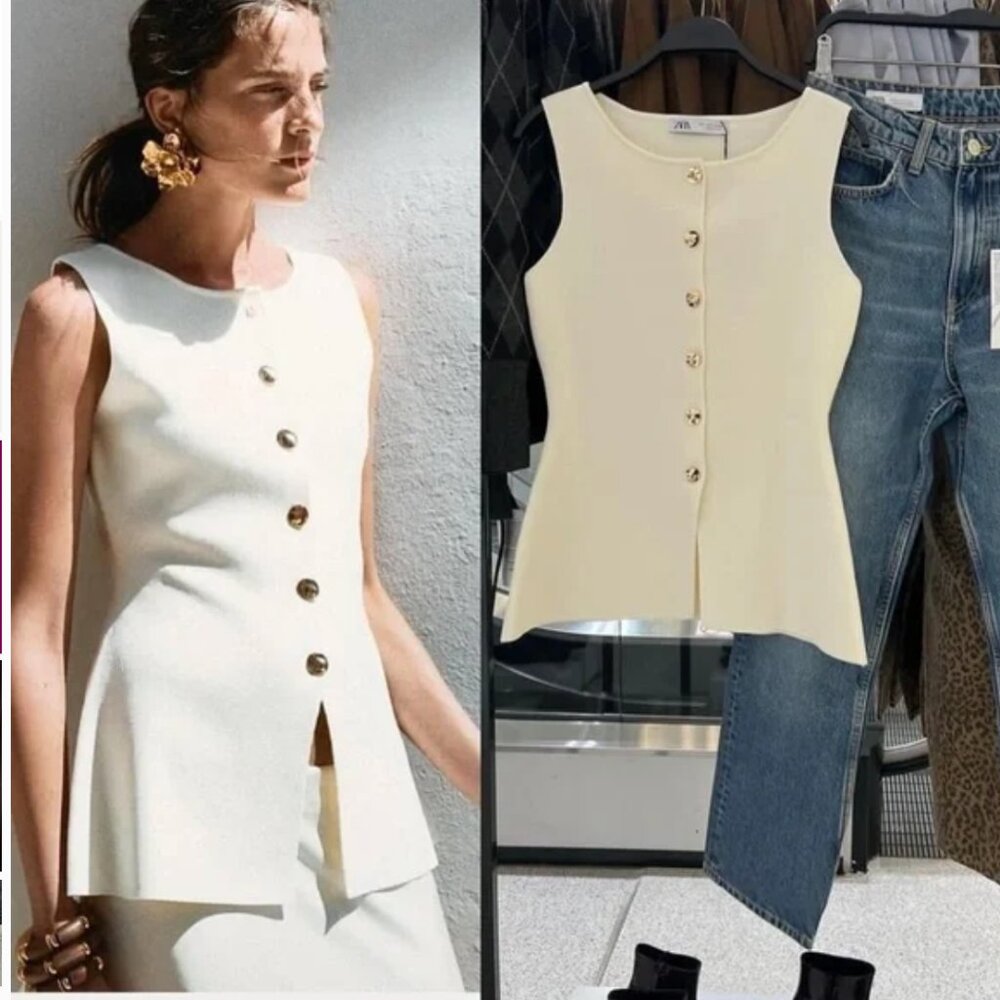 ZARA Ecru Gold Button Knit Sleeveless Vest Blouse